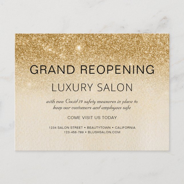 Gold Grand Reopening Glitter Luxury Hair Salon Announcement Postcard (Front)