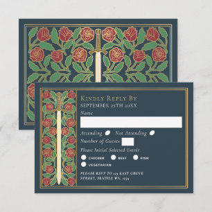 Gold Gray Medieval Floral Sword Wedding RSVP Card