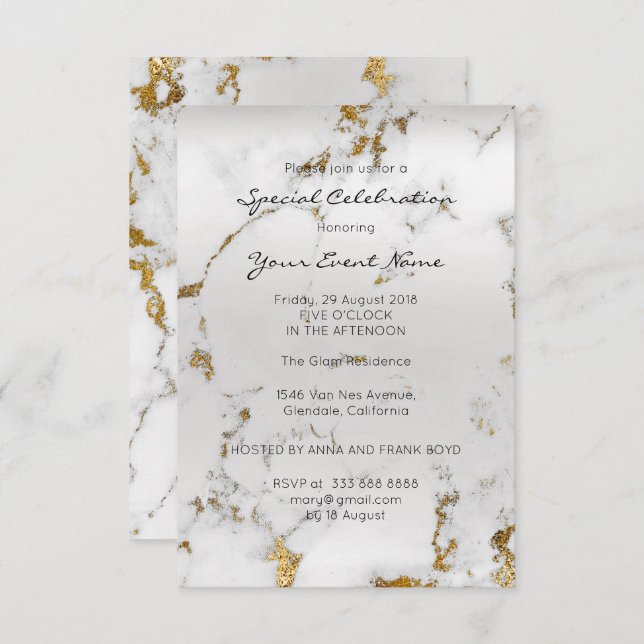 Gold Gray Pearly Silver Marble Minimal Formal Invitation (Front/Back)
