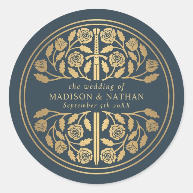 Gold Gray Royal Medieval Sword Wedding  Classic Round Sticker (Front)