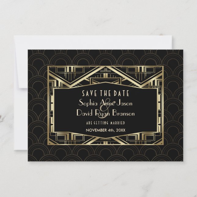 Gold Great Gatsby Art Deco Style Save The Date (Front)