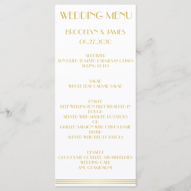 Gold Great Gatsby Wedding Menu Cards (Front)