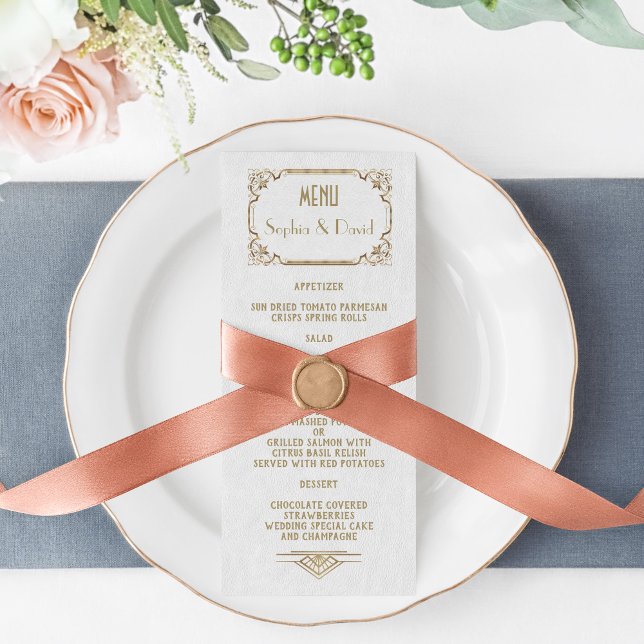 Gold Great Gatsby White Art Deco 20s Wedding Menu (Creator Uploaded)