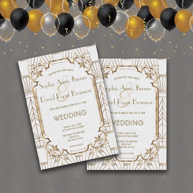 Gold Great White Art Deco 1920s Wedding Invitation (Wedding white gold Art Deco invitation, Glamorous Trendy Wedding invitation, All seasons wedding )