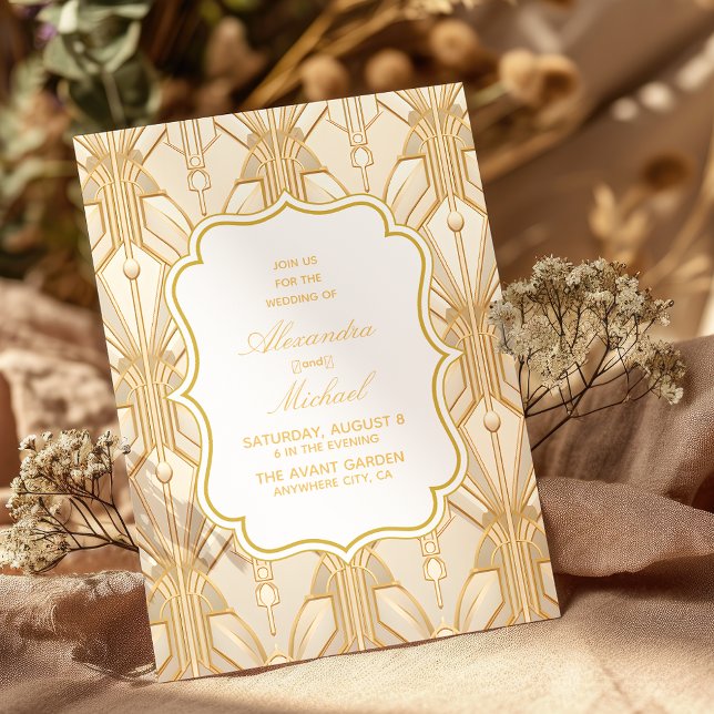 Gold Great White Art Deco 1920s Wedding Invitation (Creator Uploaded)