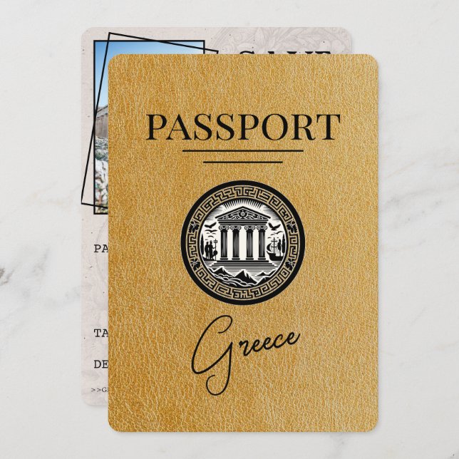 Gold Greece Passport Save the Date Card (Front/Back)