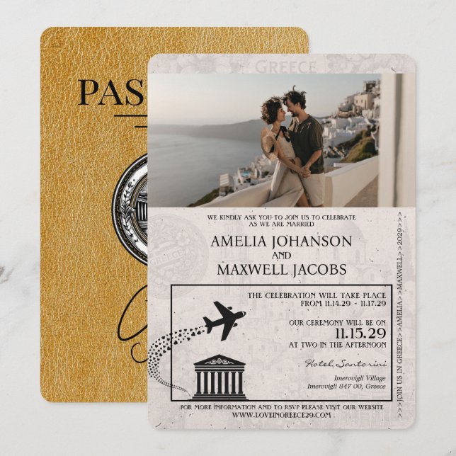 Gold Greece Passport Wedding Invitation (Front/Back)