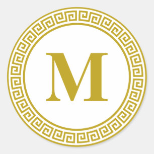 Gold Greek Key Border Monogram Stationery Classic Round Sticker