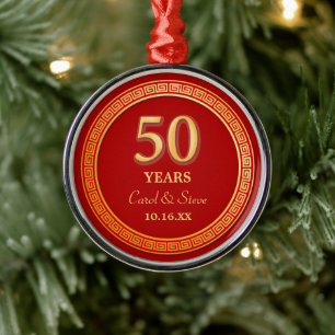 Gold Greek Key Frame Red 50th Anniversary Metal Tree Decoration