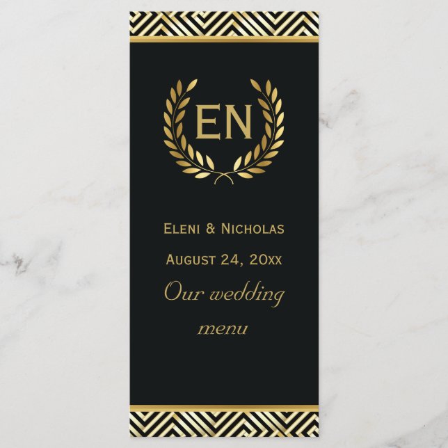 Gold Greek key & laurel wreath wedding menu card (Front)