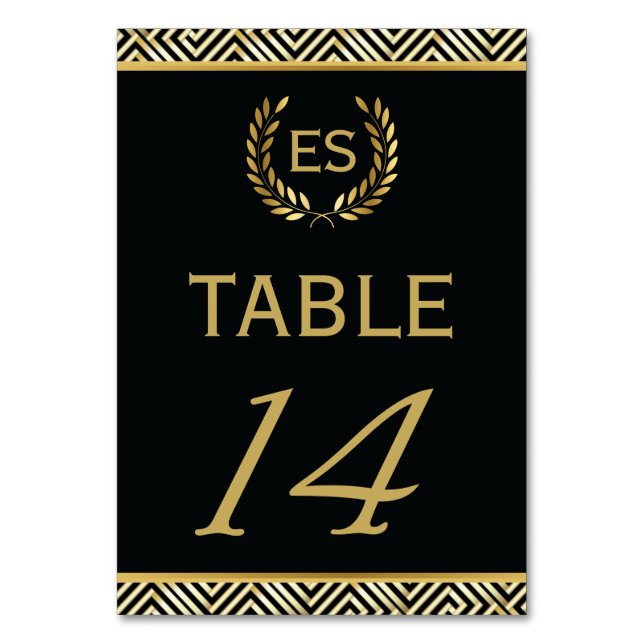 Gold Greek key, laurel wreath wedding table number (Front)
