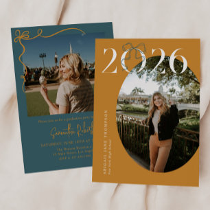 Gold Green 2026 Coquette Bow Photo Graduation Invitation