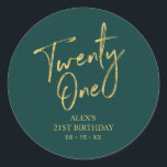 Gold & Green 21st Birthday Party Favour Thank you Classic Round Sticker<br><div class="desc">This simple custom thank you sticker will add stylish detail to your special day. This design features modern gold script lettering " Twenty One" with custom text on a green background. Matching 21st birthday invitations and party supplies are available in my shop BaraBomDesign.</div>