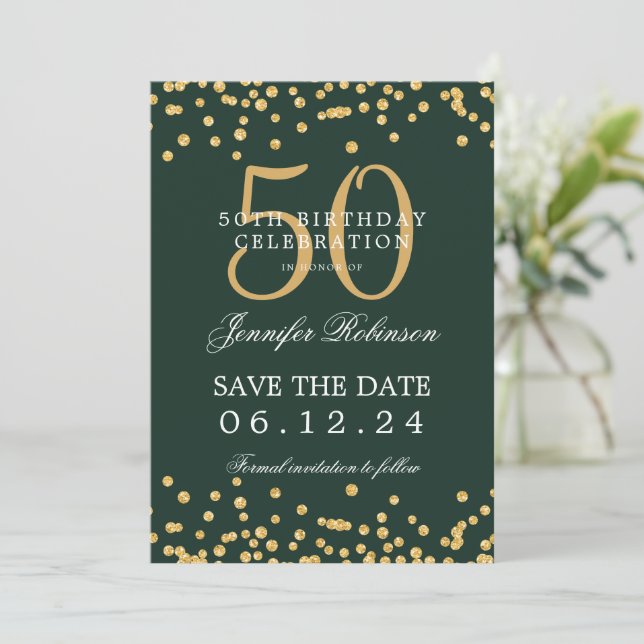 Gold Green 50th Birthday Save the Date Details Invitation (Standing Front)