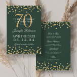Gold Green 70th Birthday Save the Date Details Invitation<br><div class="desc">Elegant "70th Birthday Party" design with faux glitter confetti & details text. Easy to use and easy to personalise. Order Today!</div>