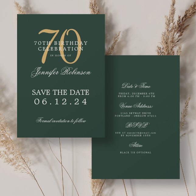 Gold Green 70th Birthday Save the Date w/ Details Invitation (Gold Green 70th Birthday Save the Date w/ Details Invitation)