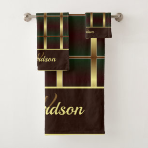Gold, Green And Burgundy Chequered Monogrammed Bath Towel Set