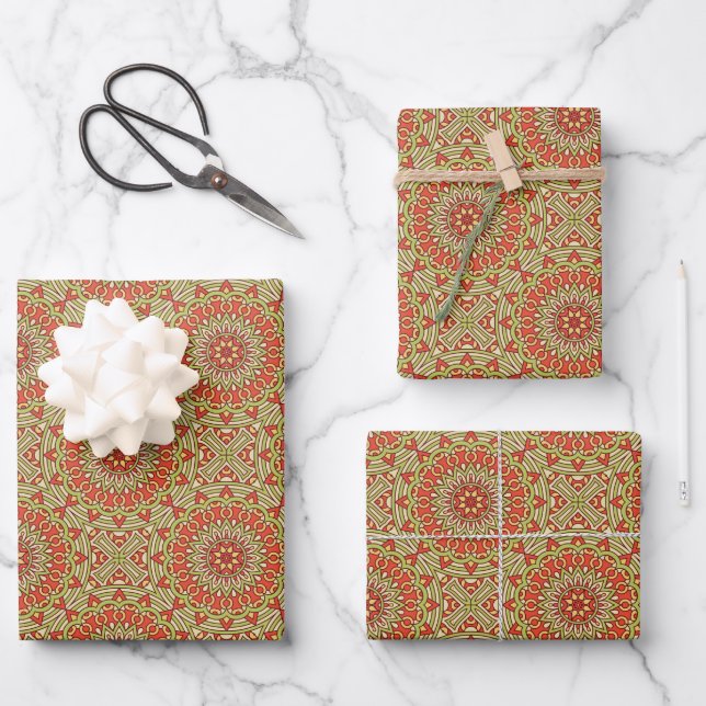 Gold Green and Orange Circle Mandala   Wrapping Paper Sheet (Front)