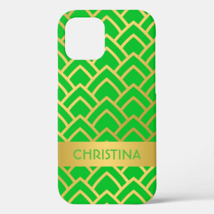 Gold Green Art Deco Geometric Personalised Name iPhone 12 Case