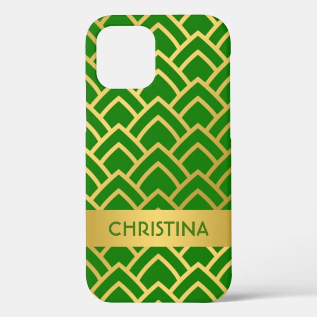 Gold Green Art Deco Geometric Personalised Name Case-Mate iPhone Case (Back)