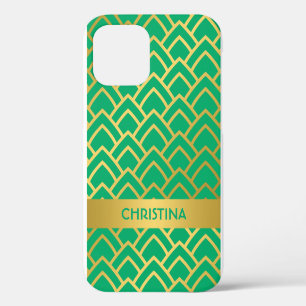 Gold Green Art Deco Geometric Personalised Name iPhone 12 Case