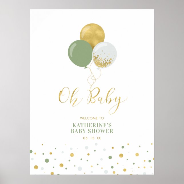Gold & Green Balloons | Boy Baby Shower Welcome Poster (Front)
