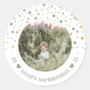 Gold & Green Balloons Boy Birthday Party Photo Classic Round Sticker