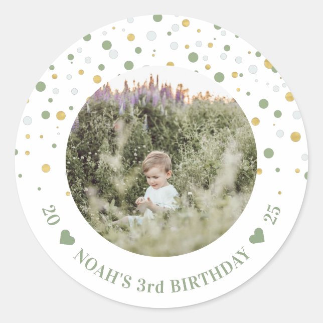 Gold & Green Balloons | Boy Birthday Party Photo Classic Round Sticker (Front)