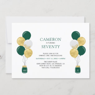 Gold & Green Balloons Modern Adult Birthday Party Invitation