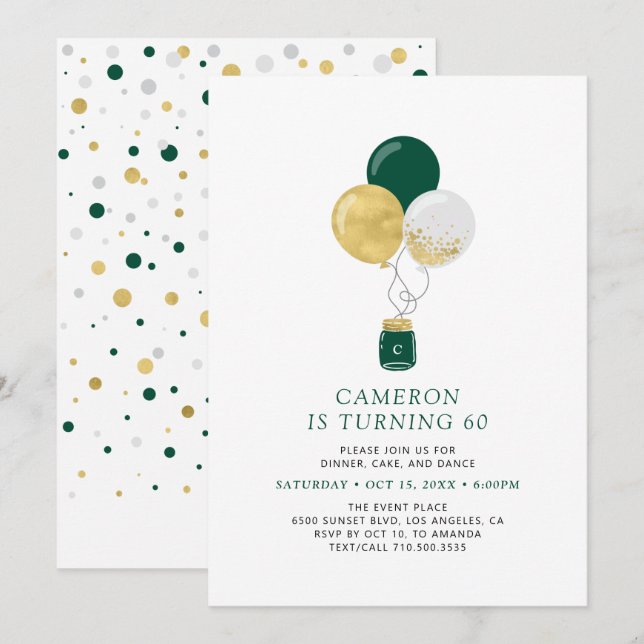 Gold & Green Balloons Modern Adult Birthday Party Invitation (Front/Back)