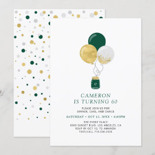 Gold & Green Balloons Modern Adult Birthday Party Invitation