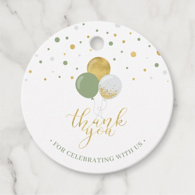 Gold & Green Balloons | Party Thank you Favour Tag (Front)