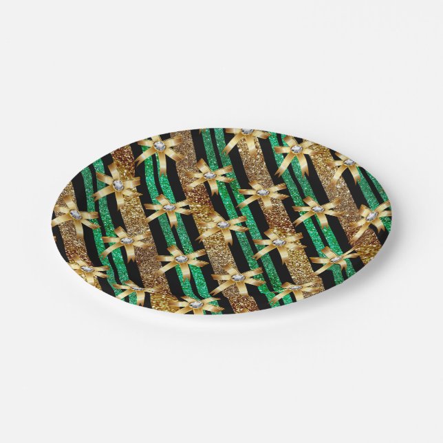 Gold Green & Black Faux Glitter Paper Plates (Angled)