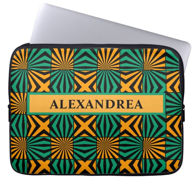 Gold Green Black Geometric Pattern Personalise     Laptop Sleeve (Front)