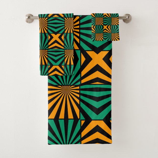 Gold Green Black Square Geometric Pattern  Bath Towel Set (Insitu)