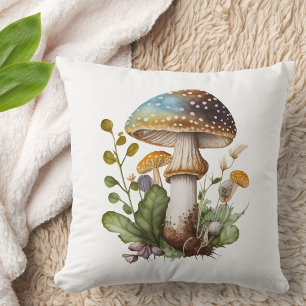 Gold Green Blue Woodland Mushroom Cute Watercolor Cushion