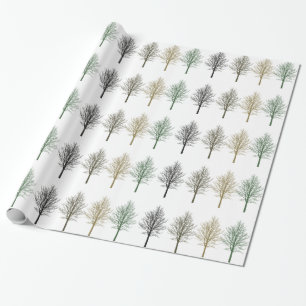 Gold Green Brown Trees Birthday Wrapping Paper