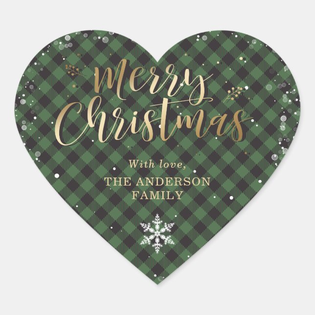 Gold Green Buffalo Plaid Snowflake Merry Christmas Heart Sticker (Front)