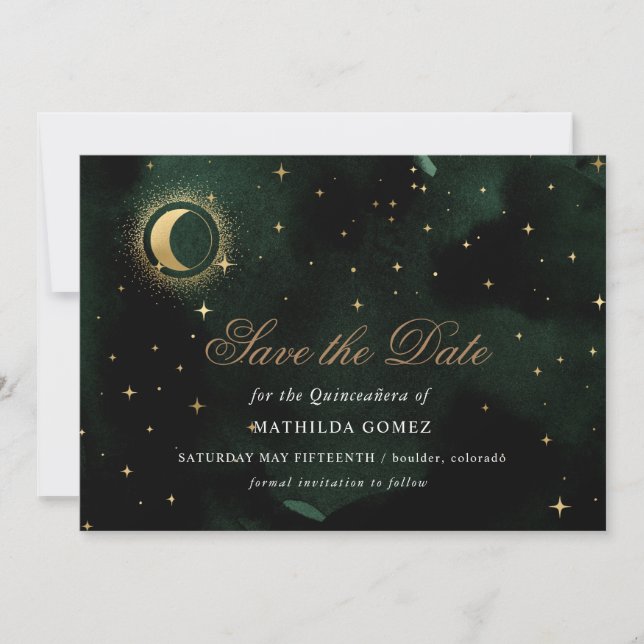 Gold Green Celestial Quinceañera save the date  Invitation (Front)