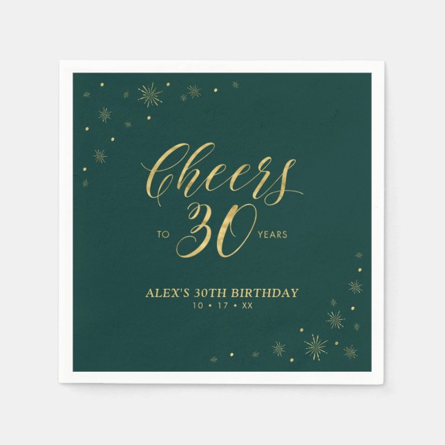 Gold & Green Cheers 30th Birthday Party Napkins (Front)
