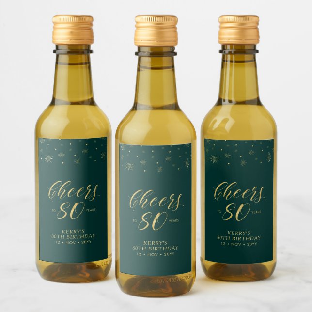 Gold & Green Cheers 80 years, 80th Birthday Party Wine Label (Bottles)