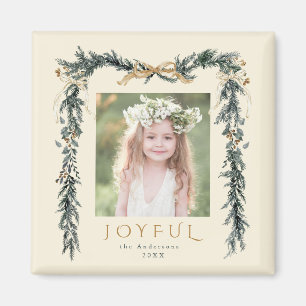 Gold & Green Christmas Frame Photo Joyful Ivory Magnet
