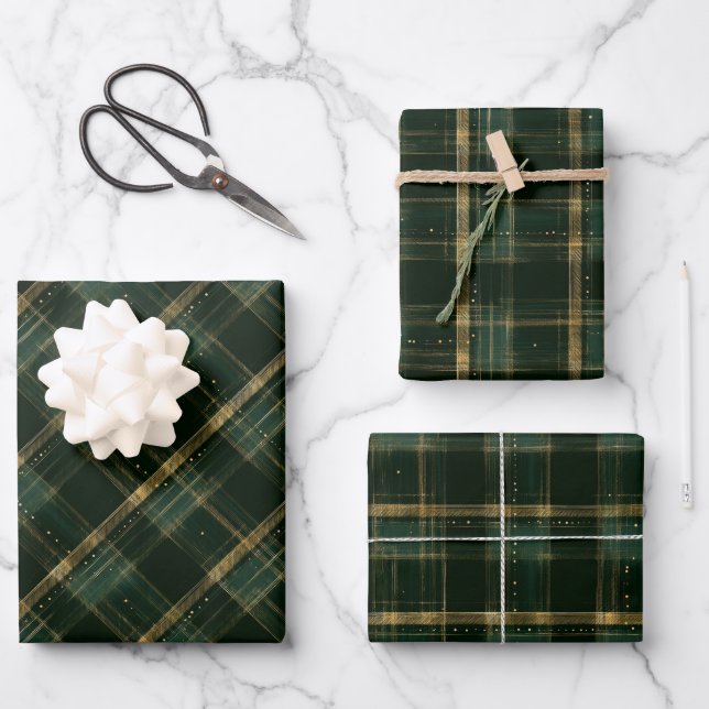 Gold Green Christmas Holiday Plaid  Wrapping Paper Sheet (Front)