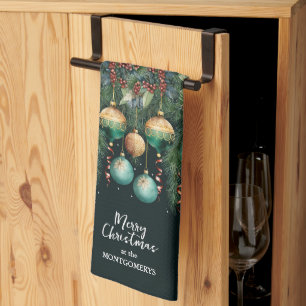 Gold Green Christmas Ornaments Tea Towel