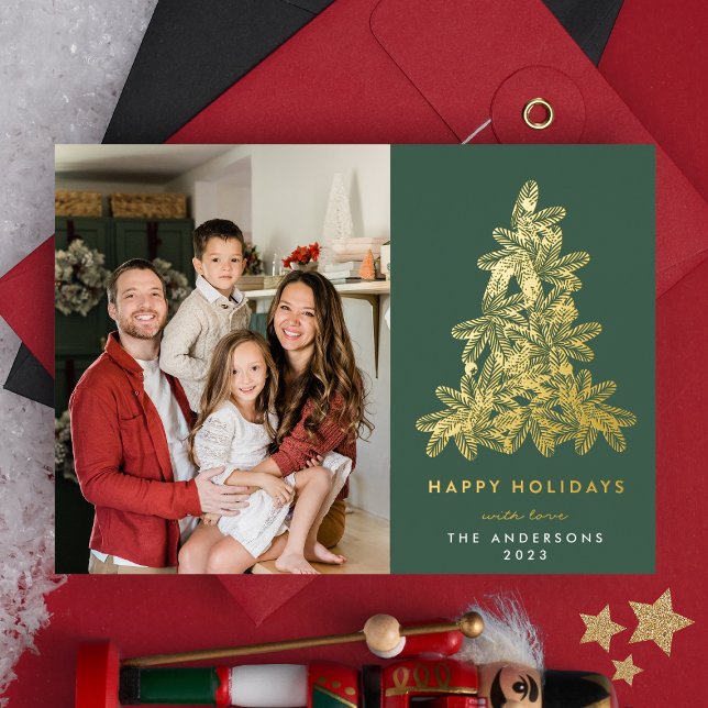Gold & Green Christmas Pine Tree Photo Foil Holiday Card (Creator Uploaded)