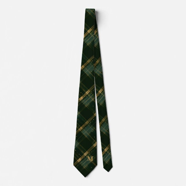 Gold Green Christmas Plaid Monogram Neck Tie (Front)