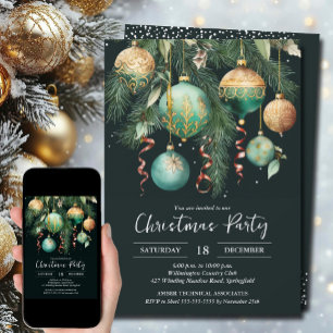 Gold Green Christmas Tree Ornaments Party Invitation
