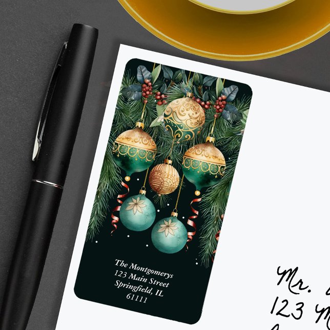 Gold Green Christmas Tree Ornaments Return Address Label (Gold Green Christmas Tree Ornaments Return Address Labels)