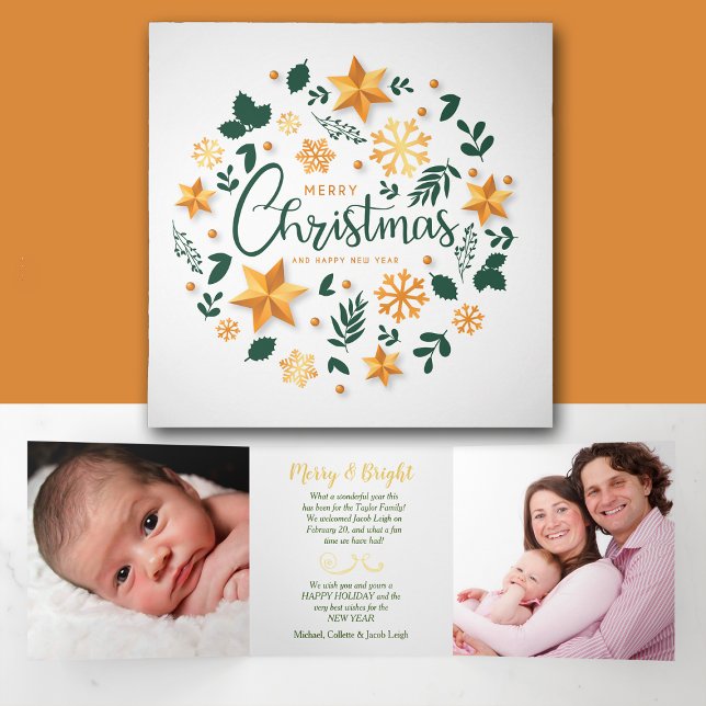 Gold Green Christmas Wreath 3 Photo Template (Creator Uploaded)