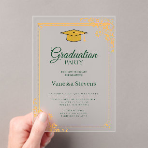 Gold Green Classic Graduation Cap Party  Acrylic Invitations